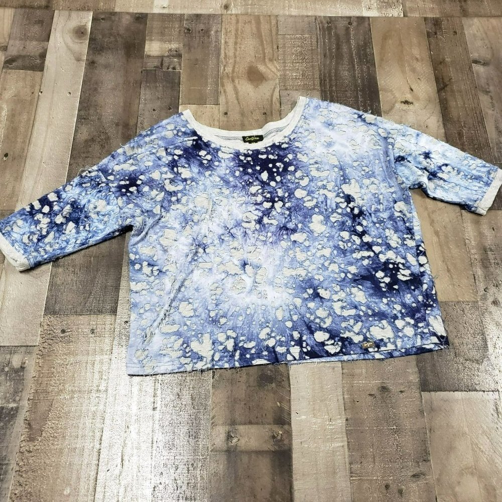 𝅺WOMEN'S Cartise Tie-Dye Destroyed Tattered  Grunge Shirt Blue 3/4 Sleeve